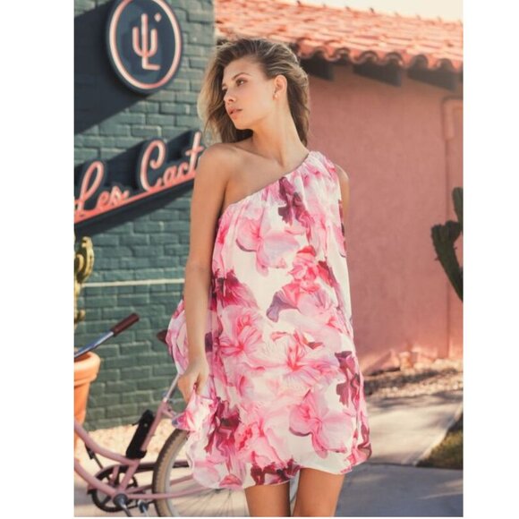 Mac Duggal Floral One Shoulder Flowy Mini DRESS Size 2 XS Pink Chiffon NEW $398 - Picture 4 of 15